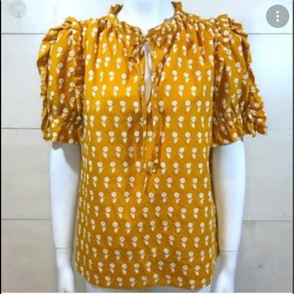 JCrew Mustard Peasant Blouse White Embroidered Flowers Keyhole Front